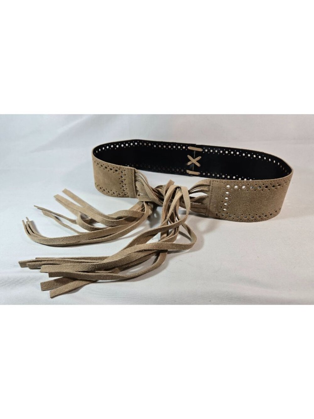 Fringe Belt Tan Suede Wide sz S Wrap Laser-Cut Perforated Boho Western Hippie
